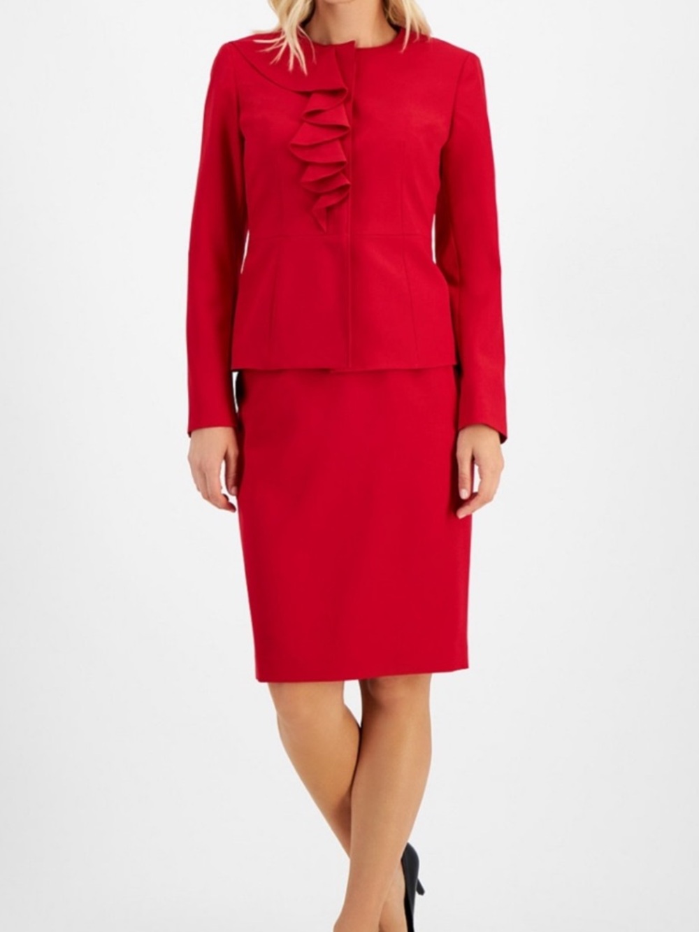 ❣️🆕Le Suit Cherry Red Cascade Ruffle Skirt Suit Set Plus Size $265 MSRP❣️ - Picture 3 of 12